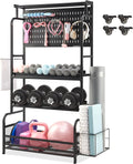 Taller Home Gym Storage Organizer, Yoga Mat Storage Rack with Hanging Board, Exercise Workout Equipment Storage Stand for Home Gym, Dumbbell Holder Kettlebell Rack with Wheels and Hooks