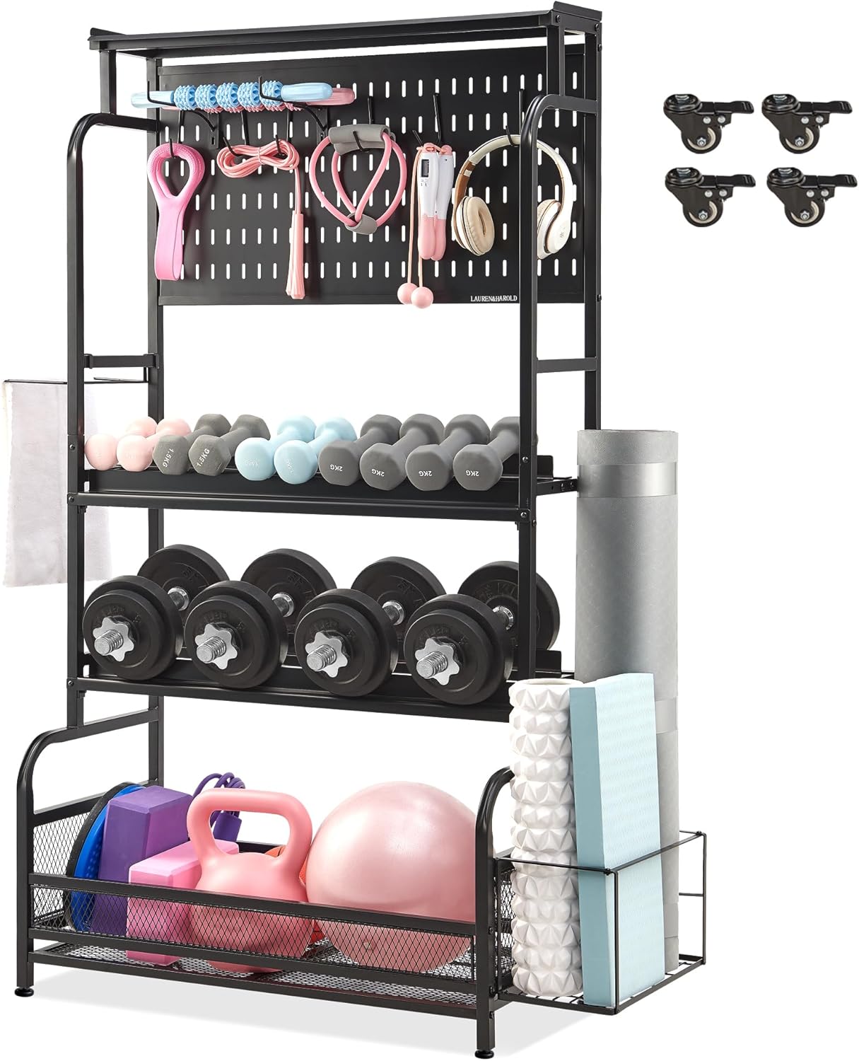Taller Home Gym Storage Organizer, Yoga Mat Storage Rack with Hanging Board, Exercise Workout Equipment Storage Stand for Home Gym, Dumbbell Holder Kettlebell Rack with Wheels and Hooks