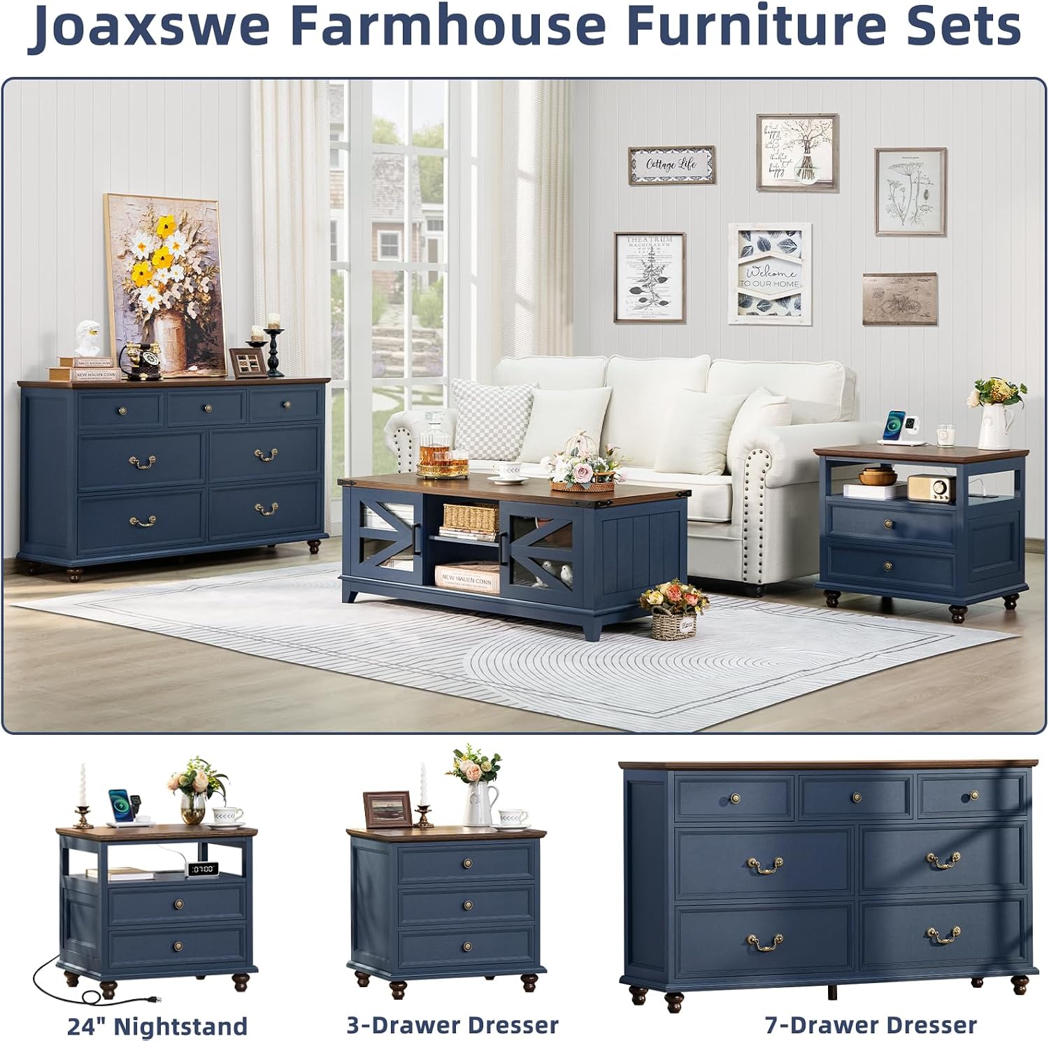 Joaxswe Farmhouse 54' 7 Drawers Dresser for Bedroom, Wide Chest of Drawers w/ 4 Wooden Legs, Vintage Rustic Large Closet Storage Dressers Organizer for Hallway, Wood TV Stand for Living Room, Blue