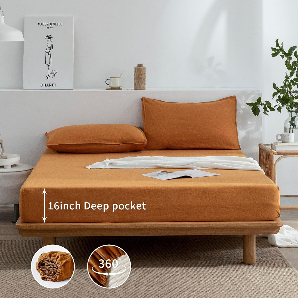 EVERLY Linen Sheets Set Full Size,100% French Stonewash Pure Linen Sheets Set,4Pieces (1Flat Sheet,1Fitted Sheet,2Pillowcase) Suitable for Hot Sleepers,16Inch Deep Pocket Natural Bedding Set-Caramel