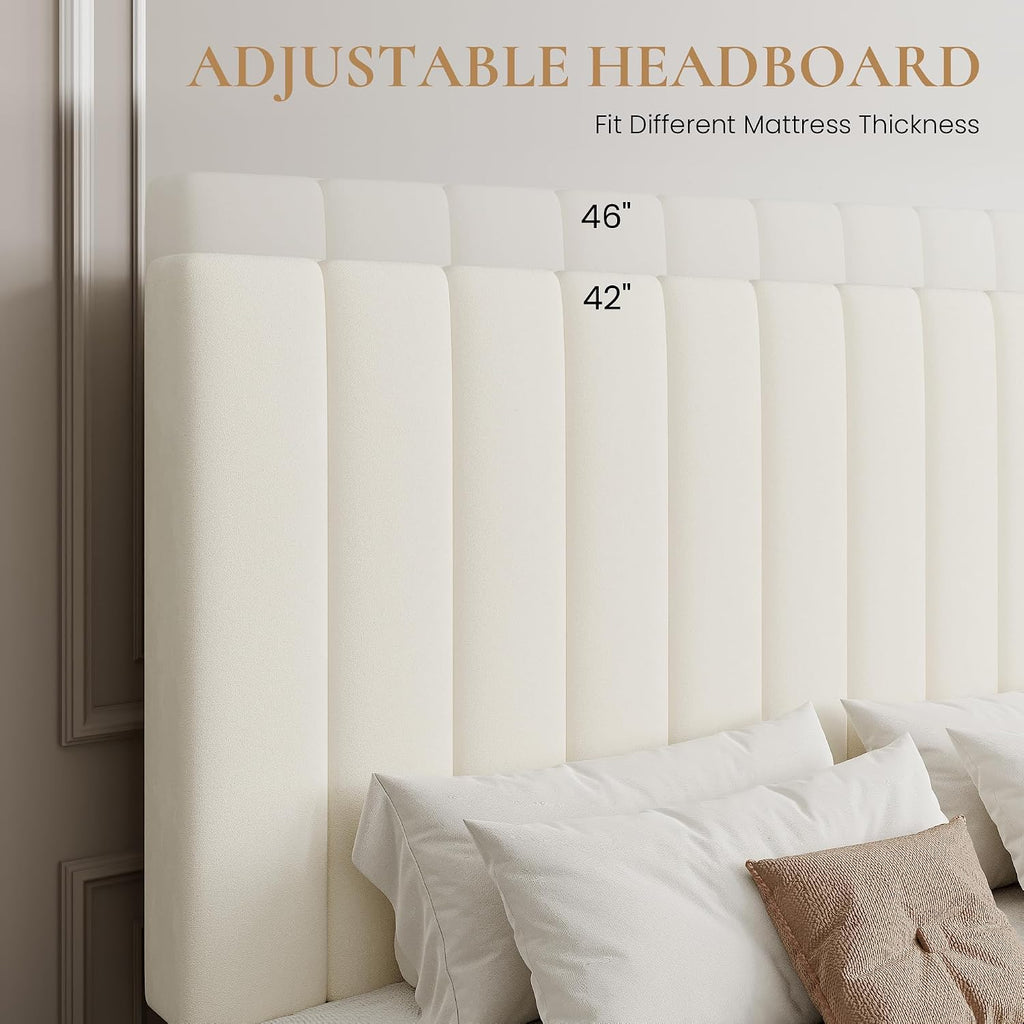 SHA CERLIN Full Size Platform Bed Frame with 4 Storage Drawers, Vertical Channel Tufted Adjustable Headboard, Velvet Upholstered, Wooden Slats Support, No Box Spring Needed, Easy Assembly, Cream