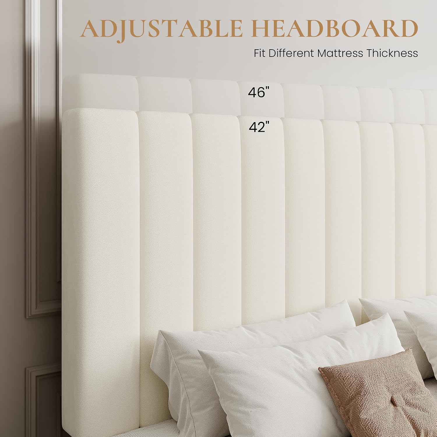 SHA CERLIN Full Size Platform Bed Frame with 4 Storage Drawers, Vertical Channel Tufted Adjustable Headboard, Velvet Upholstered, Wooden Slats Support, No Box Spring Needed, Easy Assembly, Cream