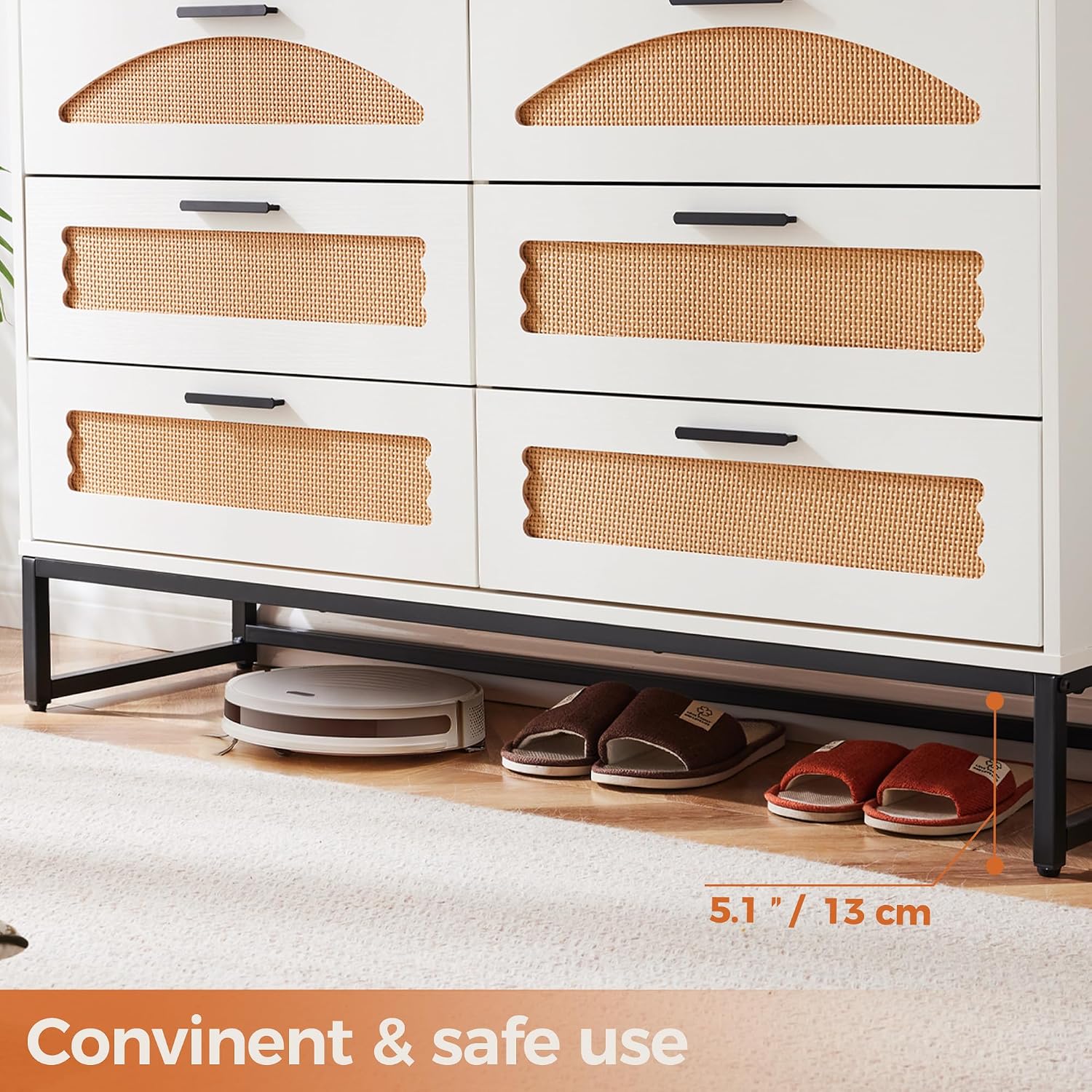 Mericonia 6 Drawer Double Dresser for Bedroom, Rattan Chest of Dressers, Modern Wooden Dresser Chest with Metal Frame for Bedroom, Living Room, Hallway and Entryway, White