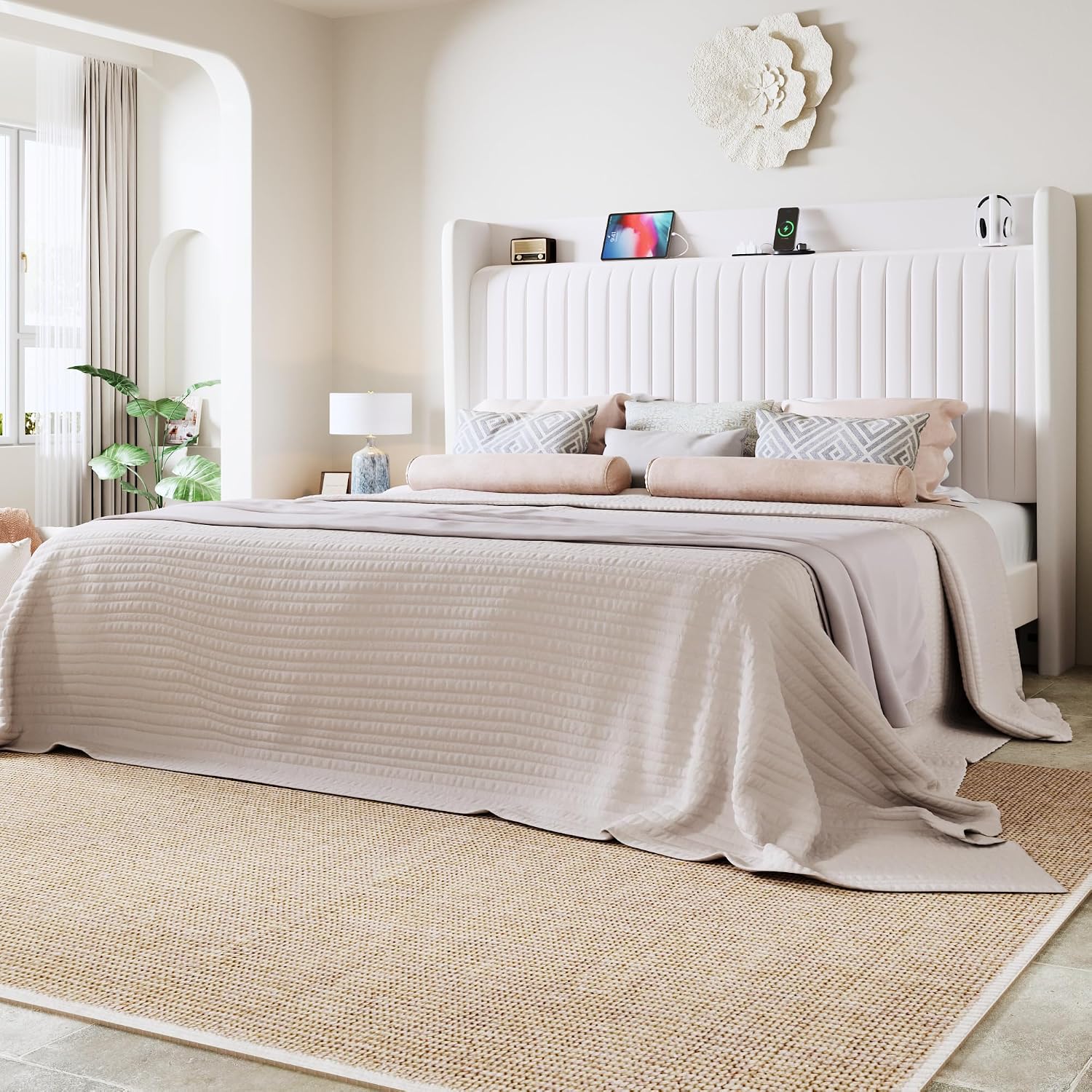 Allewie King Size Platform Bed Frame with USB Charging Station and Storage Shelf/Upholstered Velvet Wingback Headboard/Wooden Slats Support/No Box Spring Needed/Easy Assembly, White