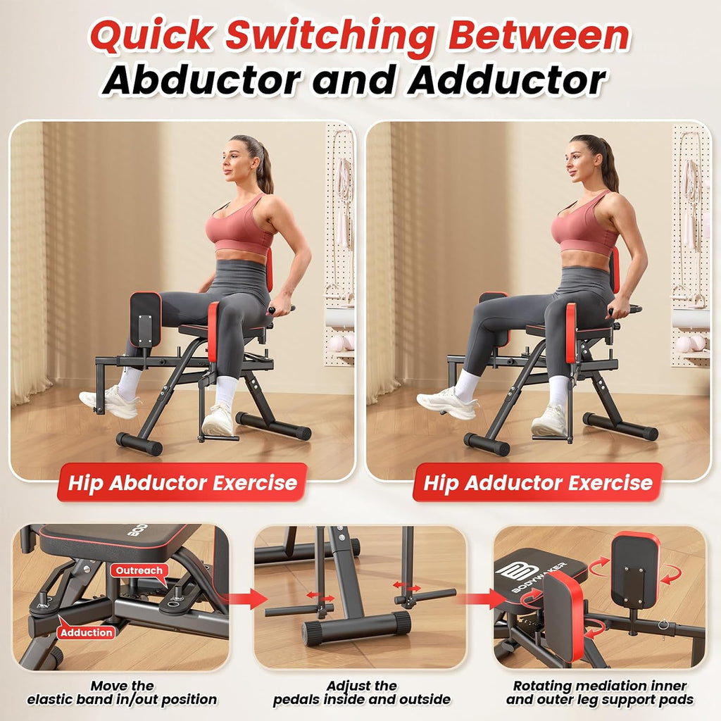 2-in-1 Hip Abductor & Adduction Machine for Home Gym, Glute Machine & Thigh Workout Equipment with 6-Level Resistance and Enlarged Padding Seat, Compact Leg Exercise Euipment for Women & Men