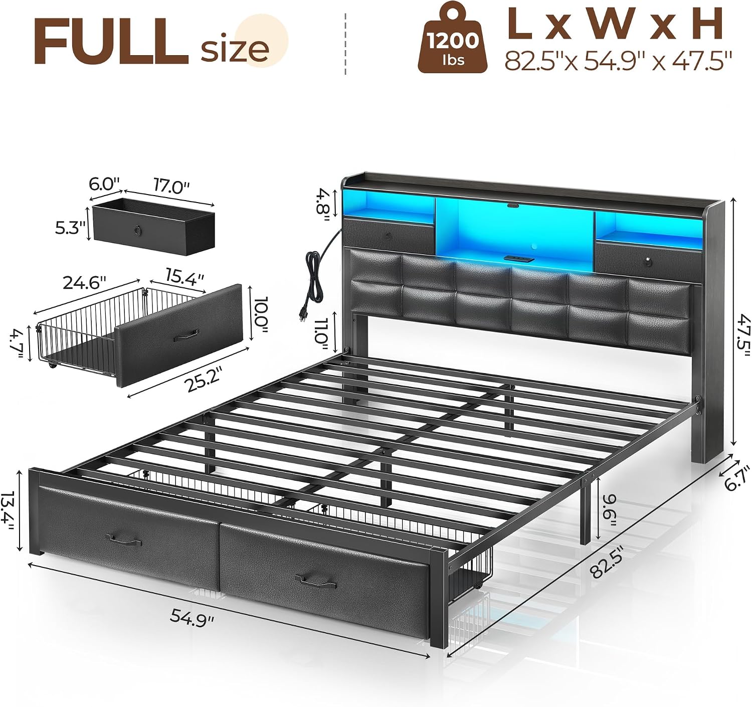 Rolanstar Bed Frame Full Size with Drawers and Charging Station, Upholstered Platform Bed with Storage Headboard and LED Light, Heavy Duty Metal Frame Support, No Box Spring Needed, Noise Free, Black