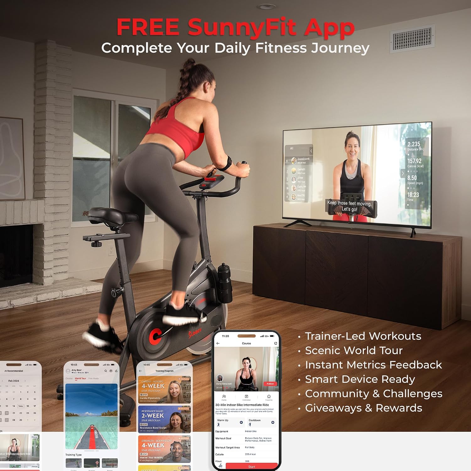 Sunny Health & Fitness Smart Magnetic Indoor Cycling Bike, Stationary Exercise Cardio Equipment, Free SunnyFit Training App
