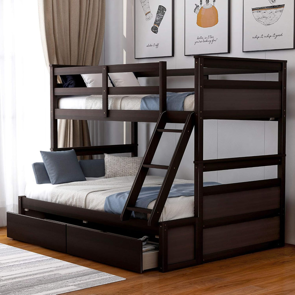 Merax Twin Over Full Bunk Bed, Wood Bunk Bed with Removable Ladders and Two Storage Drawers, Convertible into Two Individual Beds (Espresso)