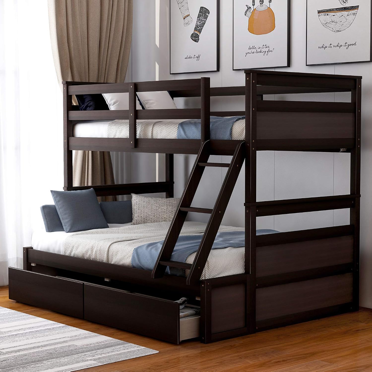 Merax Twin Over Full Bunk Bed, Wood Bunk Bed with Removable Ladders and Two Storage Drawers, Convertible into Two Individual Beds (Espresso)