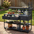 Merax 62.3' W Outdoor Kitchen Island with Stainless Steel Top, Rolling Grill Cart with Lockable Wheels, Garden Potting Bench with Raised Shelf and Drawers, Grill Prep Table for BBQ, Party, Black