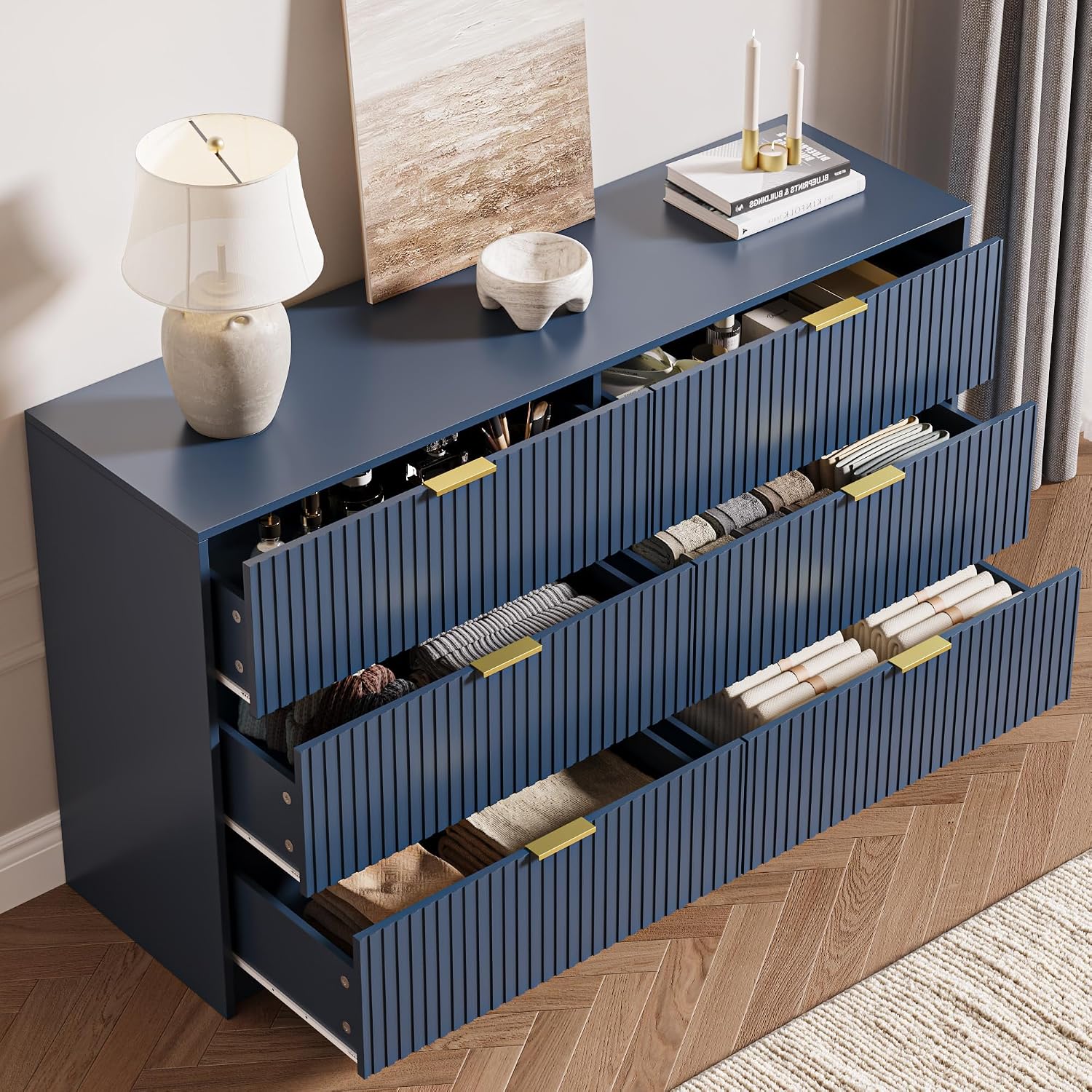MAISONARIA 6 Drawer Dresser for Bedroom, 55' Wide Modern Chest of Drawers with Gold Metal Handles, Fluted Wood TV Stand for Living Room, Hallway(Navy Blue)