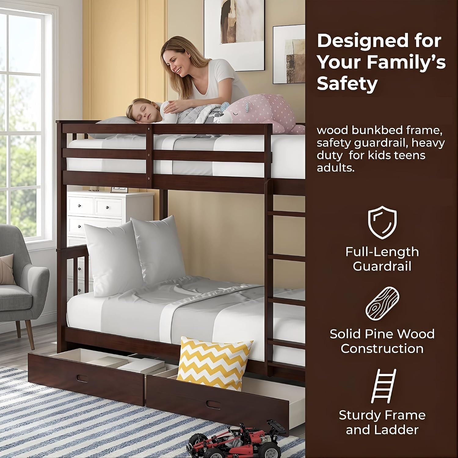 Merax Twin-Over-Twin Bunk Bed with Two Storage Drawers, Solid Wood Twin Size Bunk Bed with Guardrial and Removble Ladder, Can be Converted Into 2 Separate Beds, Espresso