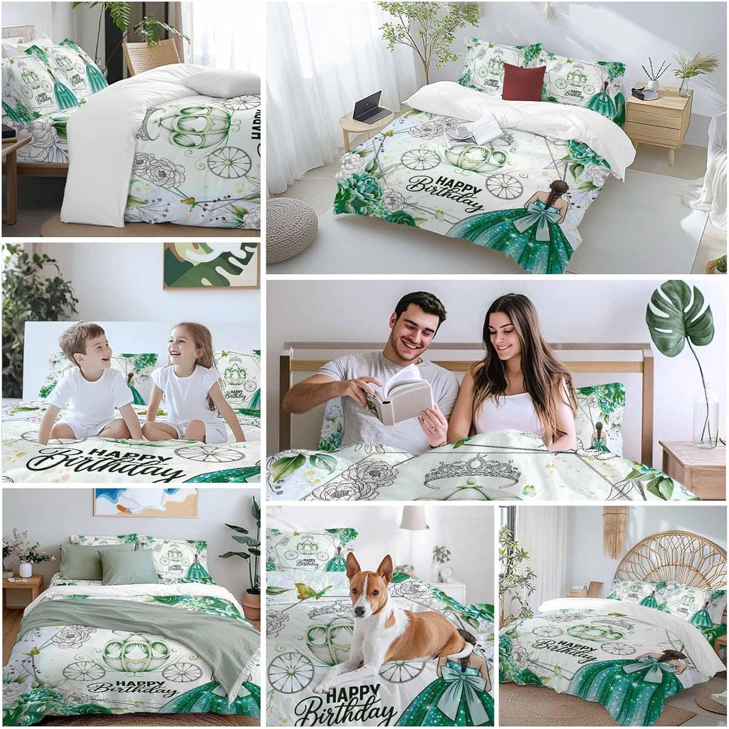 Happy Birthday Duvet Cover Set, Green Dress Crown Carriage Flowers Butterfly Soft Duvet Cover Full Size Bedding Set 4 Pieces, 1 Quiltcover and 2 Pillowcases with Zipper, 1 Bed Sheet for All Seasons