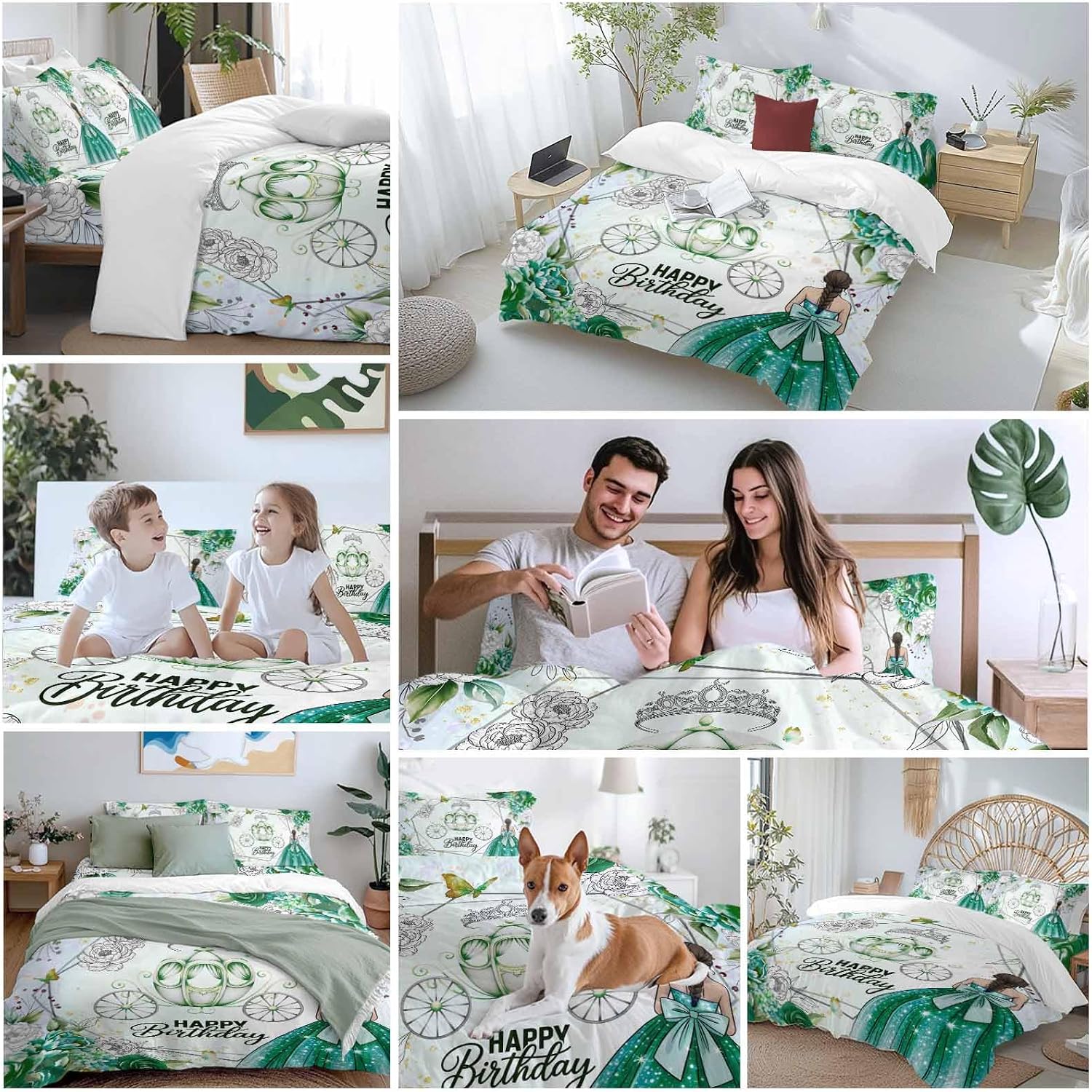 Happy Birthday Duvet Cover Set, Green Dress Crown Carriage Flowers Butterfly Soft Duvet Cover Full Size Bedding Set 4 Pieces, 1 Quiltcover and 2 Pillowcases with Zipper, 1 Bed Sheet for All Seasons
