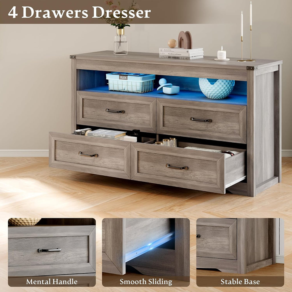 Dresser for Bedroom with 4 Drawers, Farmhouse Chest of Drawers with Natural Texture and LED Lights, Wide Wood Rustic Closet Storage Organizer, Modern Dresser TV Stand for Living Room, Entryway, Grey