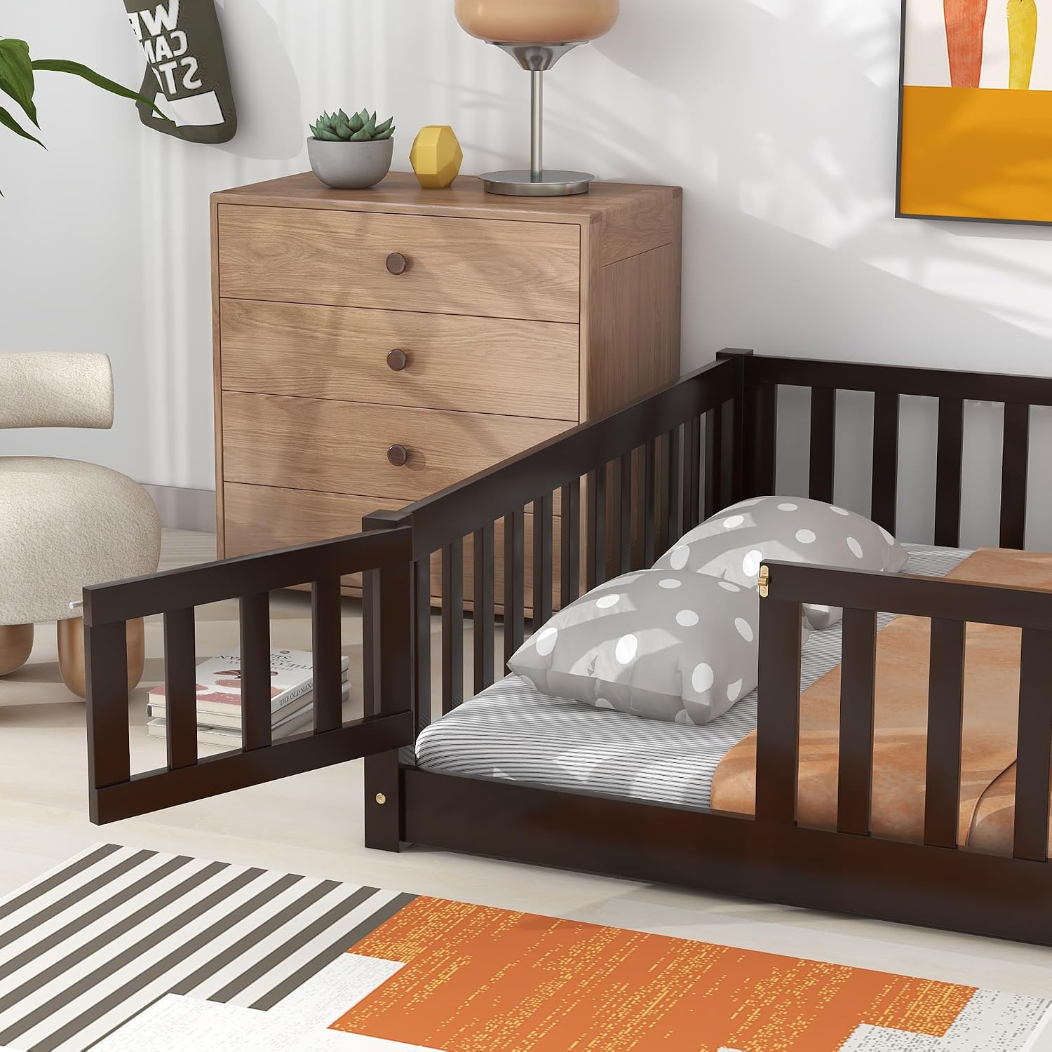 Bellemave Full Size Floor Bed with Door and Fence for Kids, Montessori Floor Bed with Slats and Safety Guardrails,Solid Wood Full Bed Frame for Girls Boys(Full,Espresso)