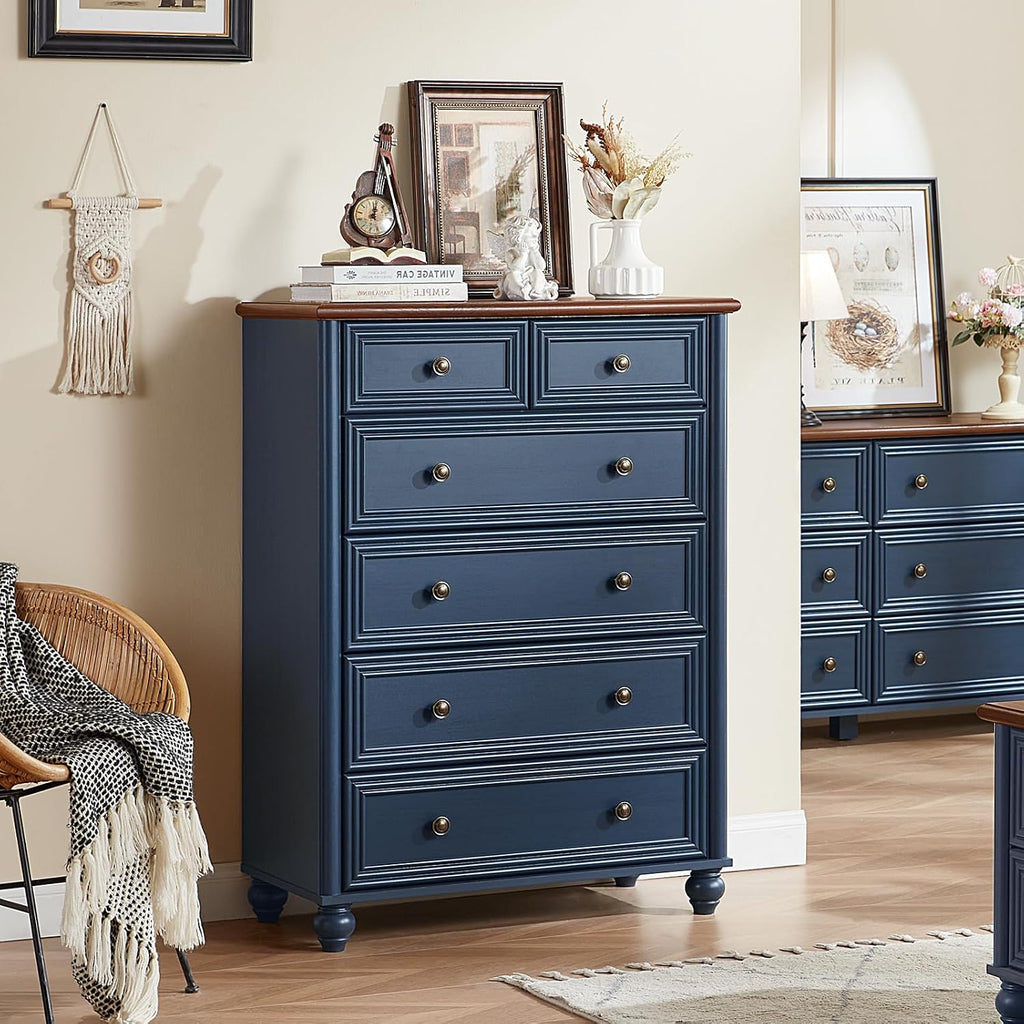 Farmhouse Dressers & Night Stand Set of 3, Wood 54' Wide Dresser & 43.5'Tall Chest of Drawers, 18' Roman Column Nightstand, Bedroom Furniture 6 Drawer Dresser Set for Bedroom Home Living Room Hallway