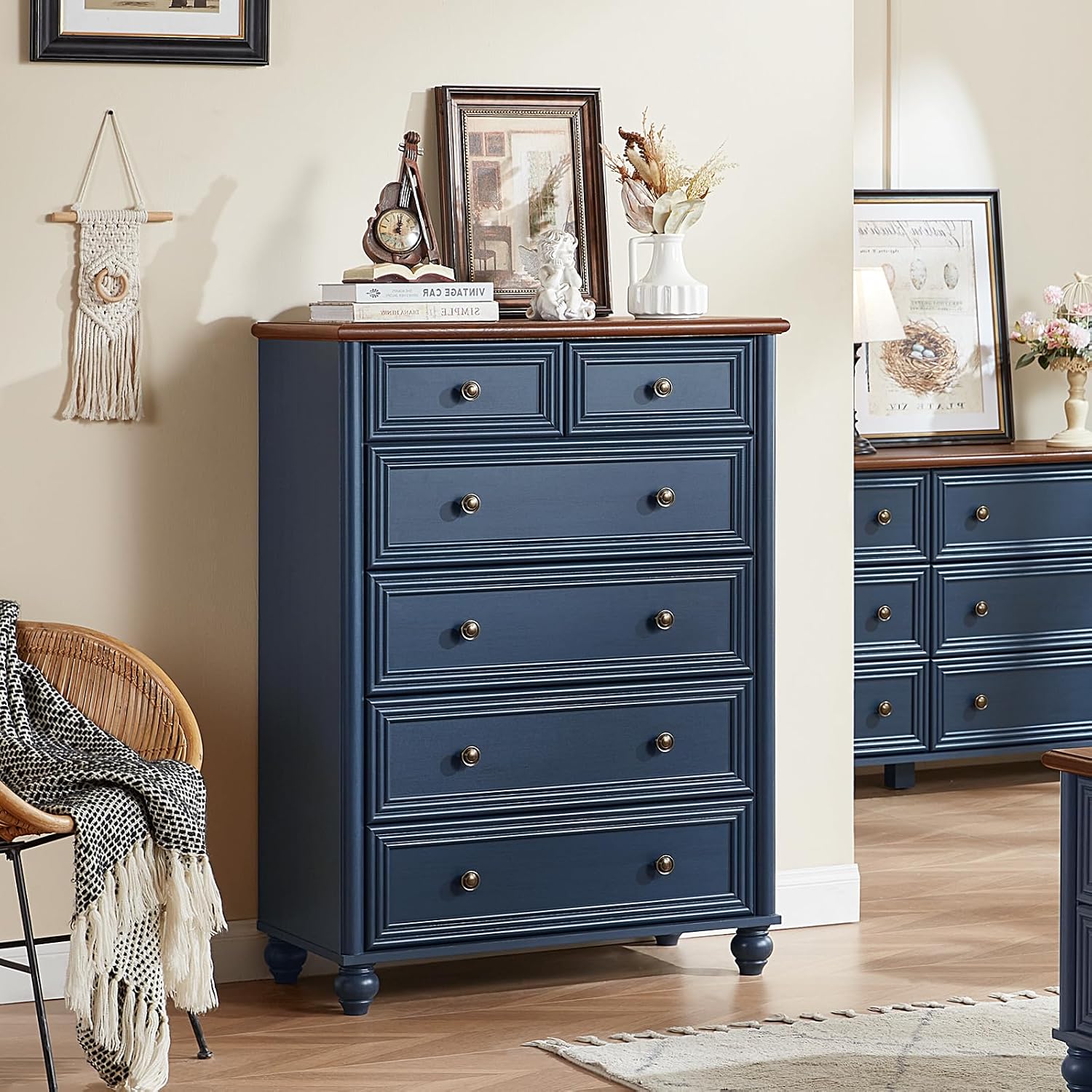 Farmhouse Dressers & Night Stand Set of 3, Wood 54' Wide Dresser & 43.5'Tall Chest of Drawers, 18' Roman Column Nightstand, Bedroom Furniture 6 Drawer Dresser Set for Bedroom Home Living Room Hallway