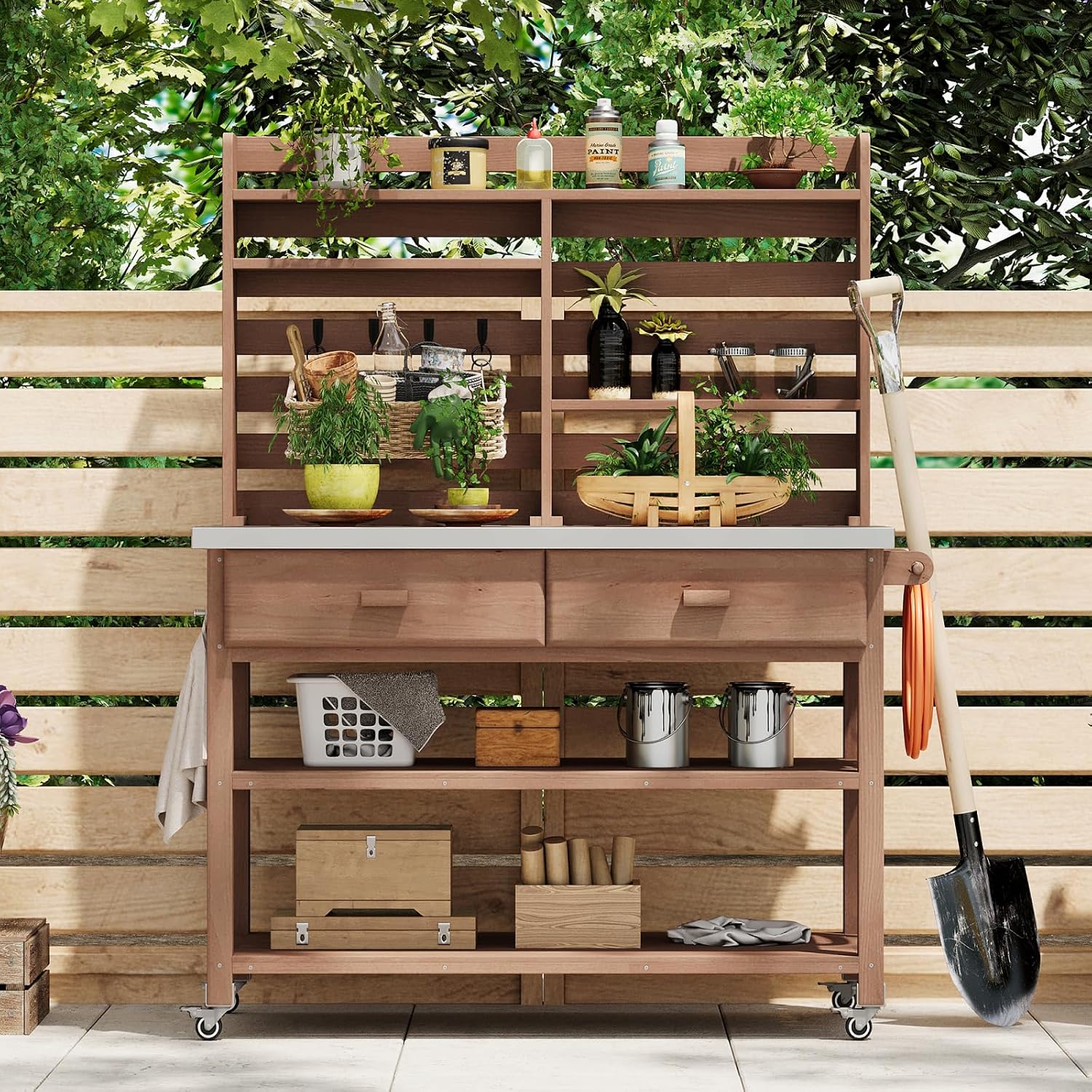 64.9' H Outdoor Potting Bench Table with Lockable Wheels, 52' W×22.2' D×64.9' H, Solid Fir Wood, Stainless Steel Top, 2 Drawers, Outdoor Storage for Grilling/Gardening, Brown