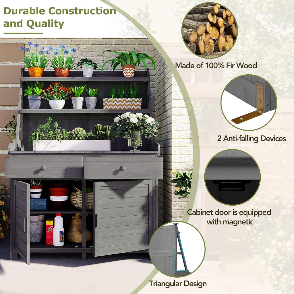[Assembly Video Provided] TOPMAX 65inch Garden Potting Bench Table, Fir Wood Workstation with Storage Shelf, Drawer and Cabinet, Gray
