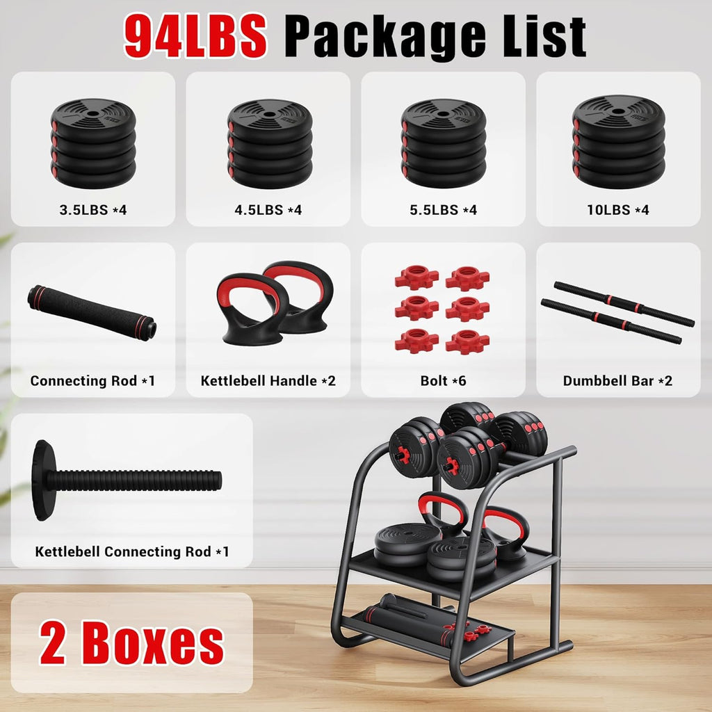 Adjustable Dumbbells, 55/77LBS Free Weight Set, 4 in 1 Dumbbell Set Used as Barbell, Kellebell, Push Up Stand, Fitness Exercise for Home Gym Suitable Men/Women