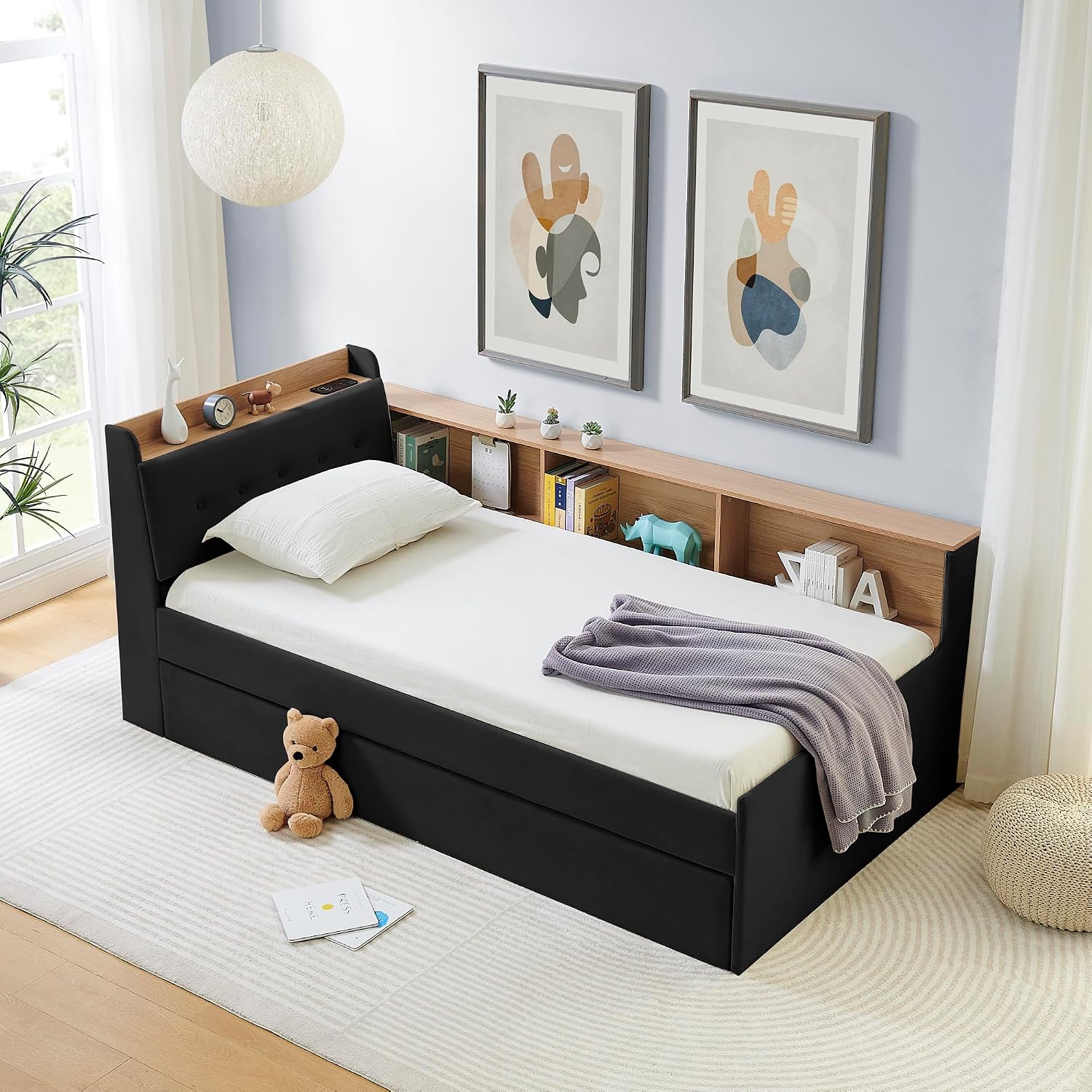 Corner Bed with Desk and Bookcase, LED Lights & USB Ports, Modern Twin to King Daybed with Pop Up Trundle, Velvet Upholstered Extendable Day Bed Kids Bedroom Furniture Set Small Places (Black, Twin)