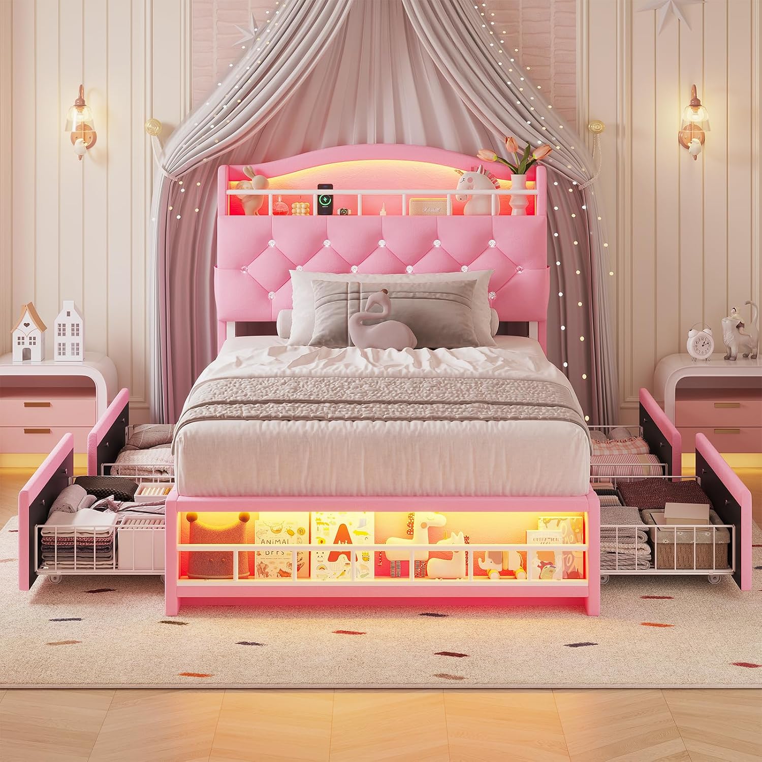 HAUOMS Twin Size Bed Frame with LED Lights & 4 Drawers, Princess Velvet Upholstered Platform Bed for Girls, Headboard with Charging Station & Guardrail & Crystal Button, No Box Spring Needed, Pink