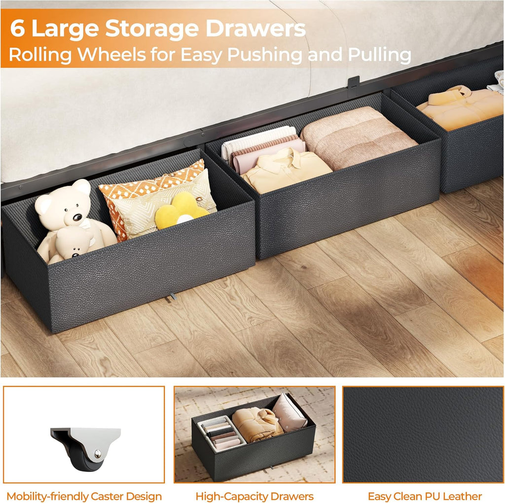 OURPIC Full Size Bed Frame, 6 Fabric Storage Drawers and 2-Tier Headboard, PU Leather Upholstered Platform Bed Frame Full with LED Lights and Charging Station, No Box Spring Needed, Noise Free