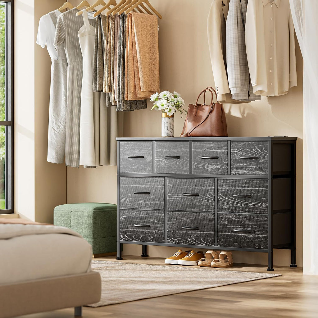 Lulive Dresser for Bedroom 10 Drawer Dresser TV Stand with Power Outlet, Entertainment Center Chest of Drawers for 55 Inch TV, Black Fabric for Bedroom Living Room Hallway Closets