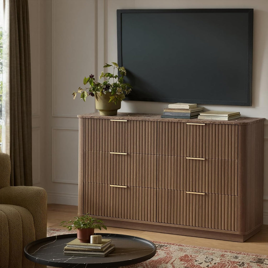 win2win 6 Drawer Dresser, Mid Century Modern Dresser with Storage, 47' Wide Fluted Chest of Drawers with Faux Marble Top, Dressers TV Stand, Drawers Organizer for Bedroom, Living Room, Hallway, Walnut