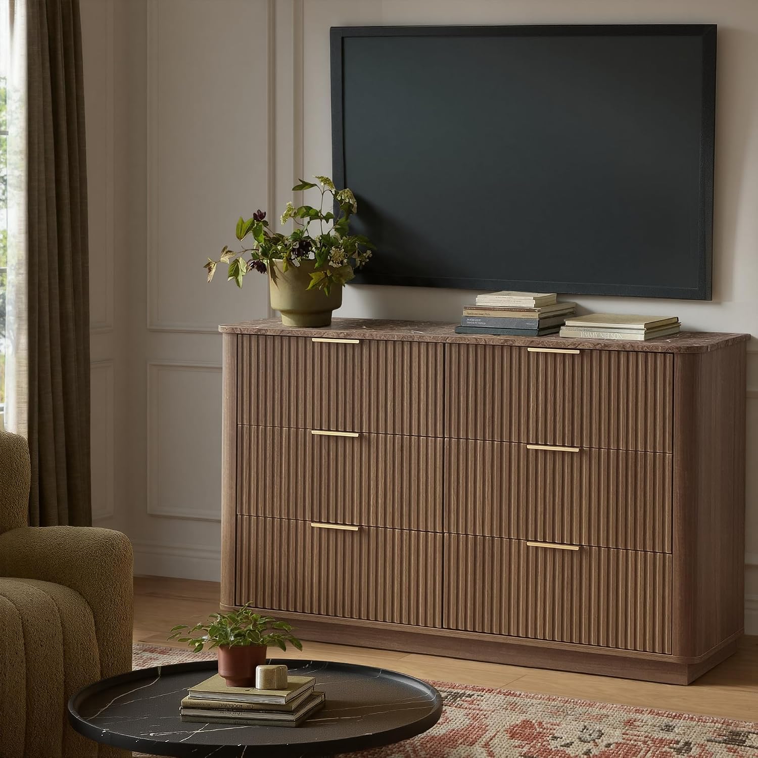 win2win 6 Drawer Dresser, Mid Century Modern Dresser with Storage, 47' Wide Fluted Chest of Drawers with Faux Marble Top, Dressers TV Stand, Drawers Organizer for Bedroom, Living Room, Hallway, Walnut