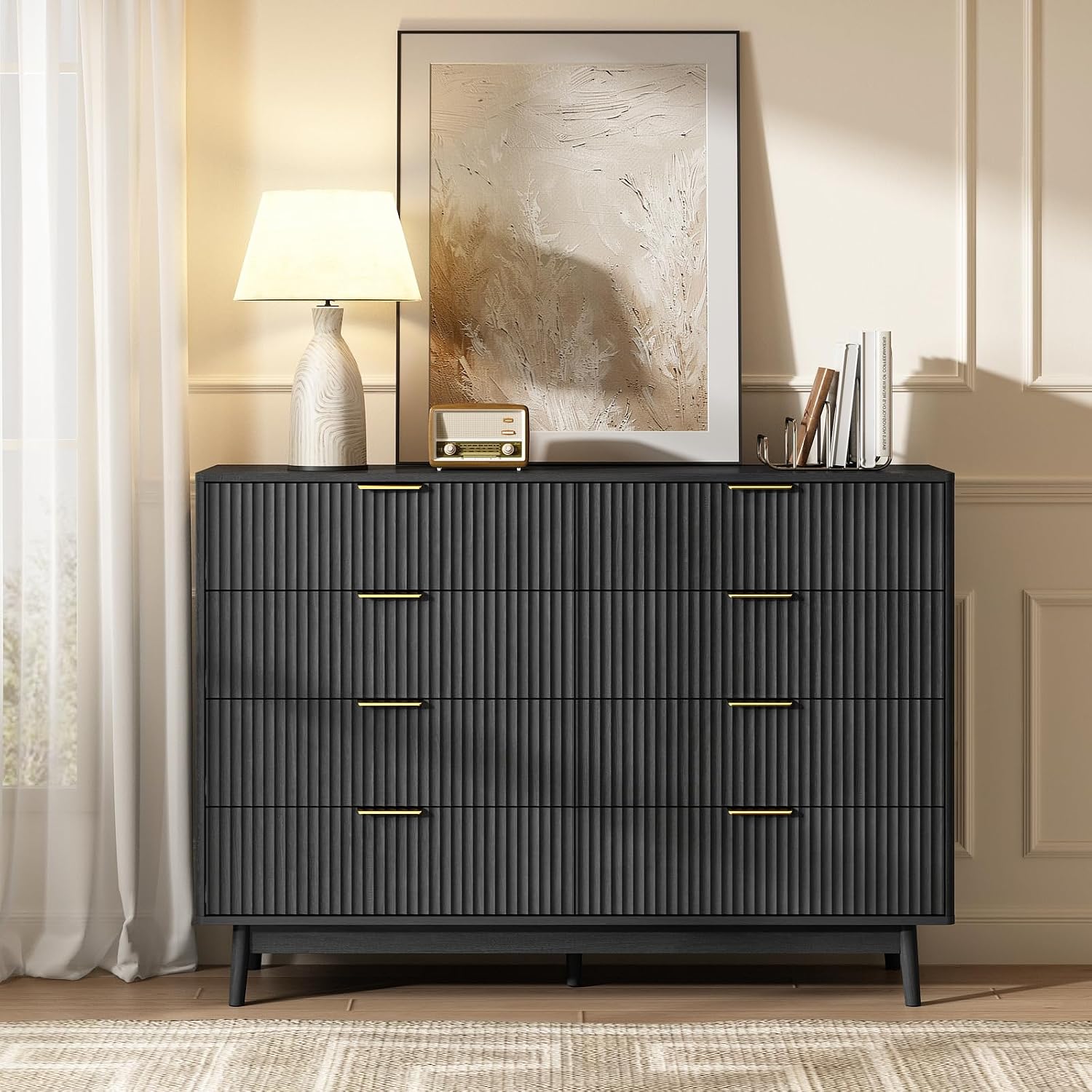 CARPETNAL Fluted 8 Drawer Dresser for Bedroom, 55' Wide Wooden Chest of Drawers with Rounded Corners, Gold Handles, Modern Storage Organizer for Bedroom, Hallway(Black)