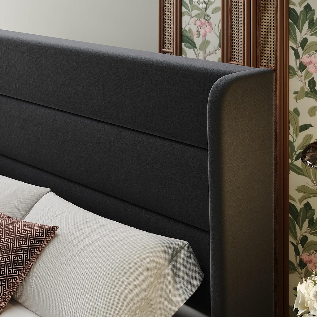 SHA CERLIN Full Size Velvet Bed Frame with Wingback Headboard/Upholstered Platform Bed with Wooden Slats/Mattress Foundation/No Box Spring Needed/Easy Assembly/Black