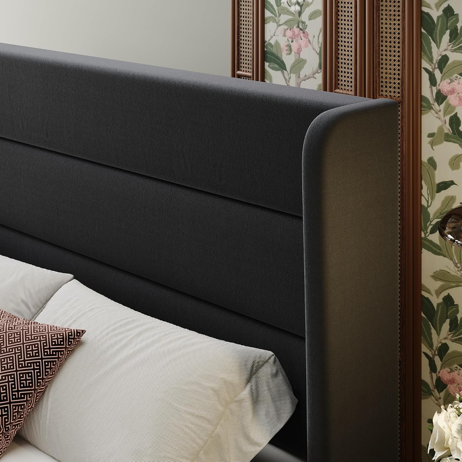 SHA CERLIN Full Size Velvet Bed Frame with Wingback Headboard/Upholstered Platform Bed with Wooden Slats/Mattress Foundation/No Box Spring Needed/Easy Assembly/Black