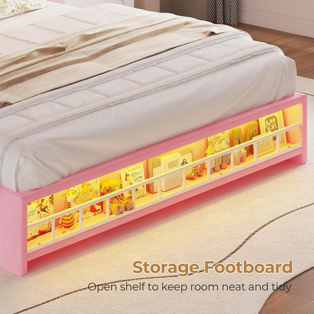 HAUOMS Full Size Bed Frame with LED Lights & 4 Drawers, Princess Velvet Upholstered Platform Bed for Girls, Headboard with Charging Station & Guardrail & Crystal Button, No Box Spring Needed, Pink