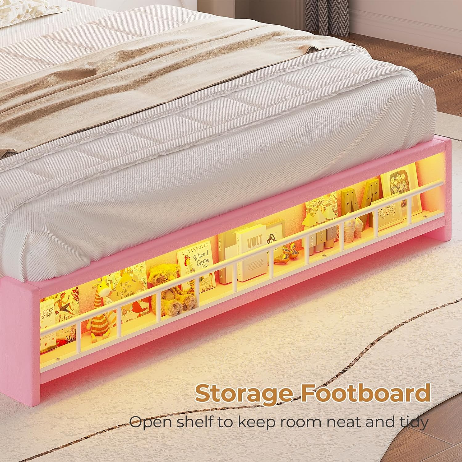HAUOMS Full Size Bed Frame with LED Lights & 4 Drawers, Princess Velvet Upholstered Platform Bed for Girls, Headboard with Charging Station & Guardrail & Crystal Button, No Box Spring Needed, Pink