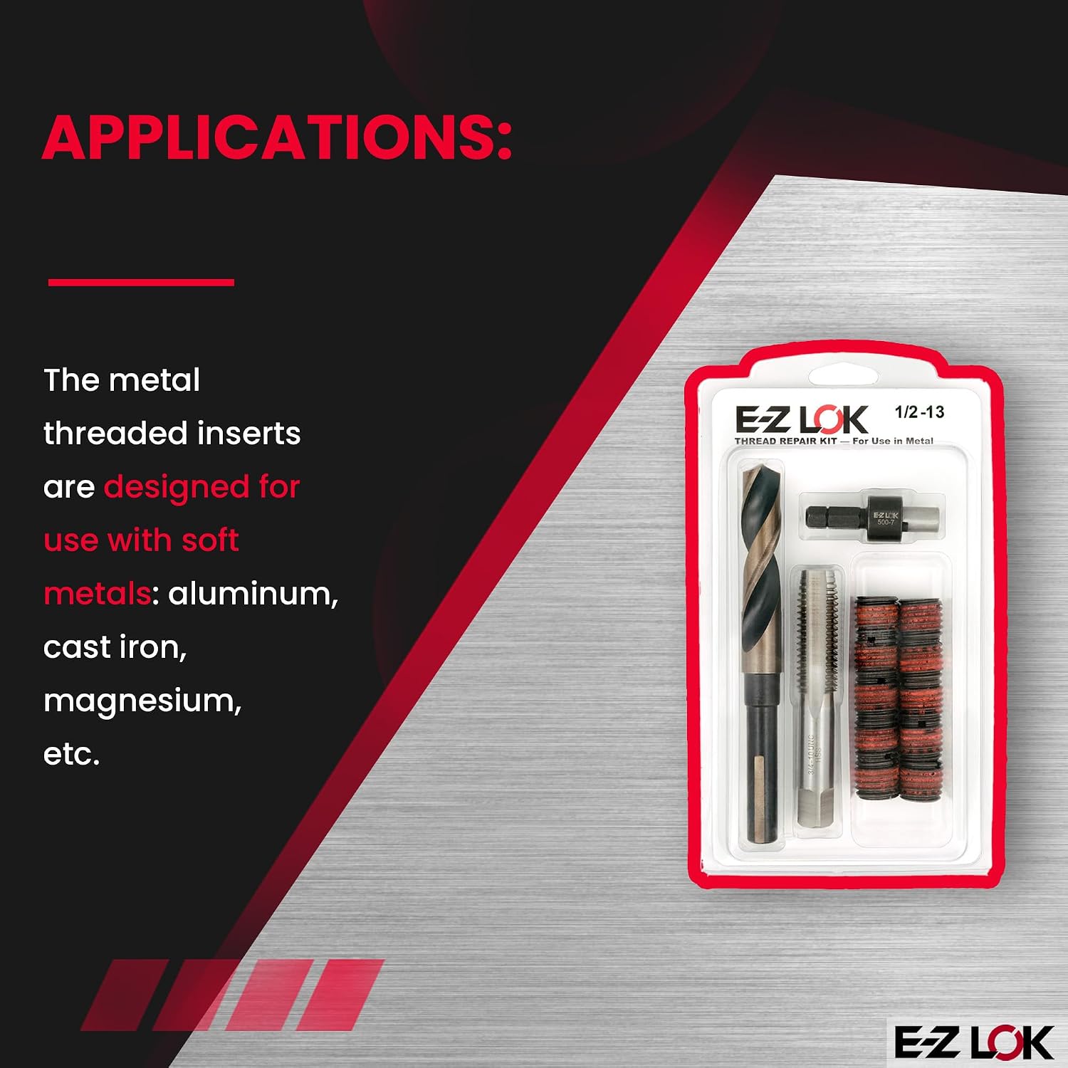 E-Z LOK Thread Repair Kit for Metal - Includes Threaded Inserts, Drill, Tap and Drive Tool, Standard Wall, 1/2-13 x 3/4-10 x 1.00 Length (EZ-329-801)