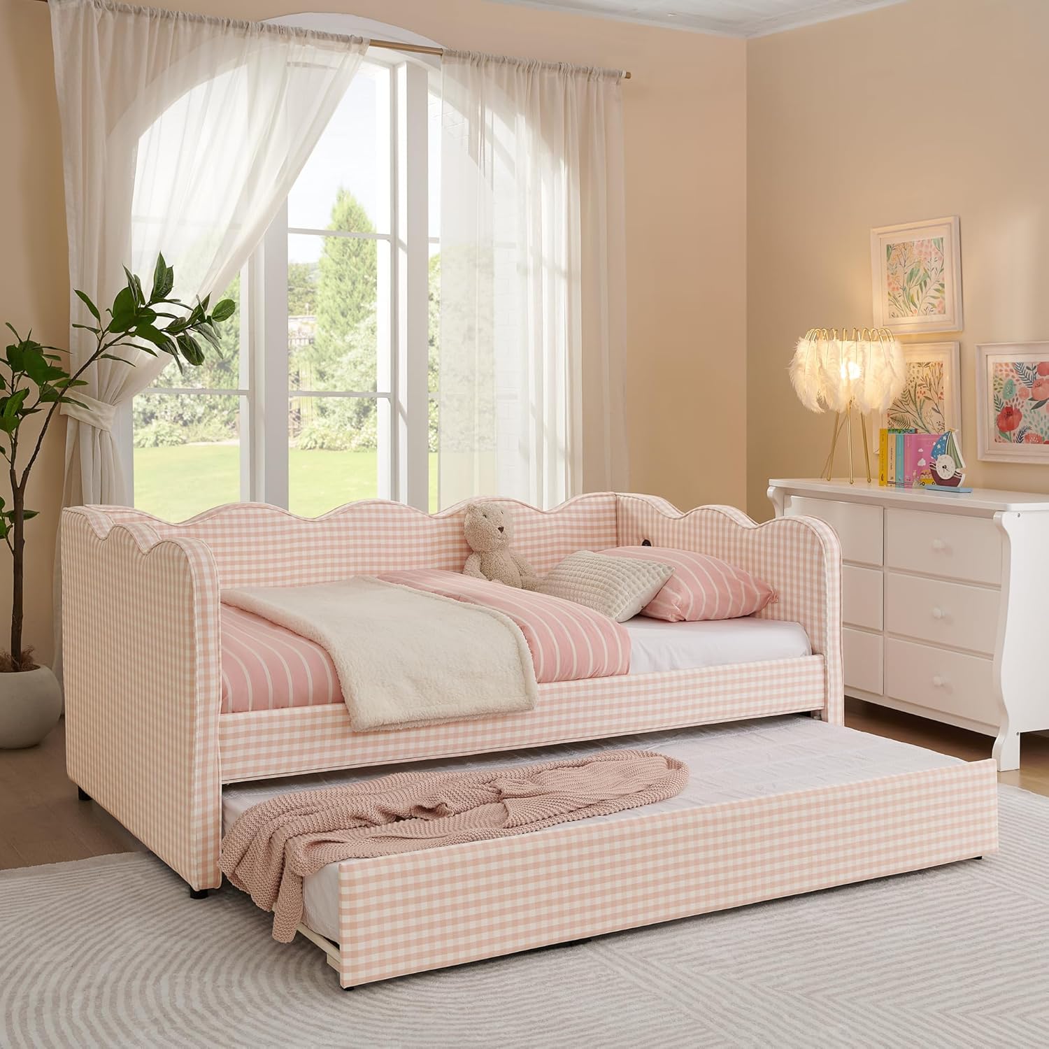 DEINPPA Twin Size Upholstered Daybed with Trundle, Gingham Daybed with USB Ports for Bedroom Living Room Guest Room-Pink