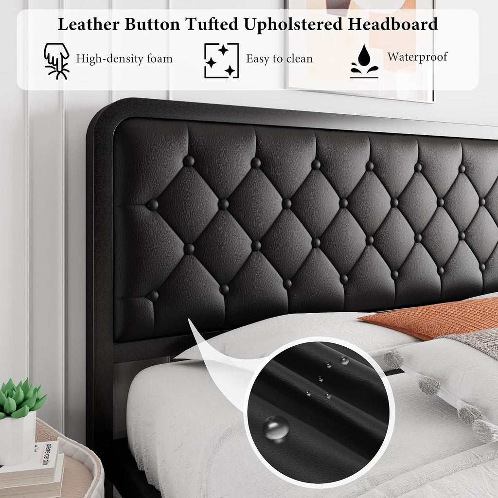 iPormis Queen Bed Frame with Headboard Faux Leather Upholstered Bed Frame Platform, All Metal Slats Support Platform Bed Frame with 12' Under Bed Space, Noise Free, No Box Spring Needed, Black