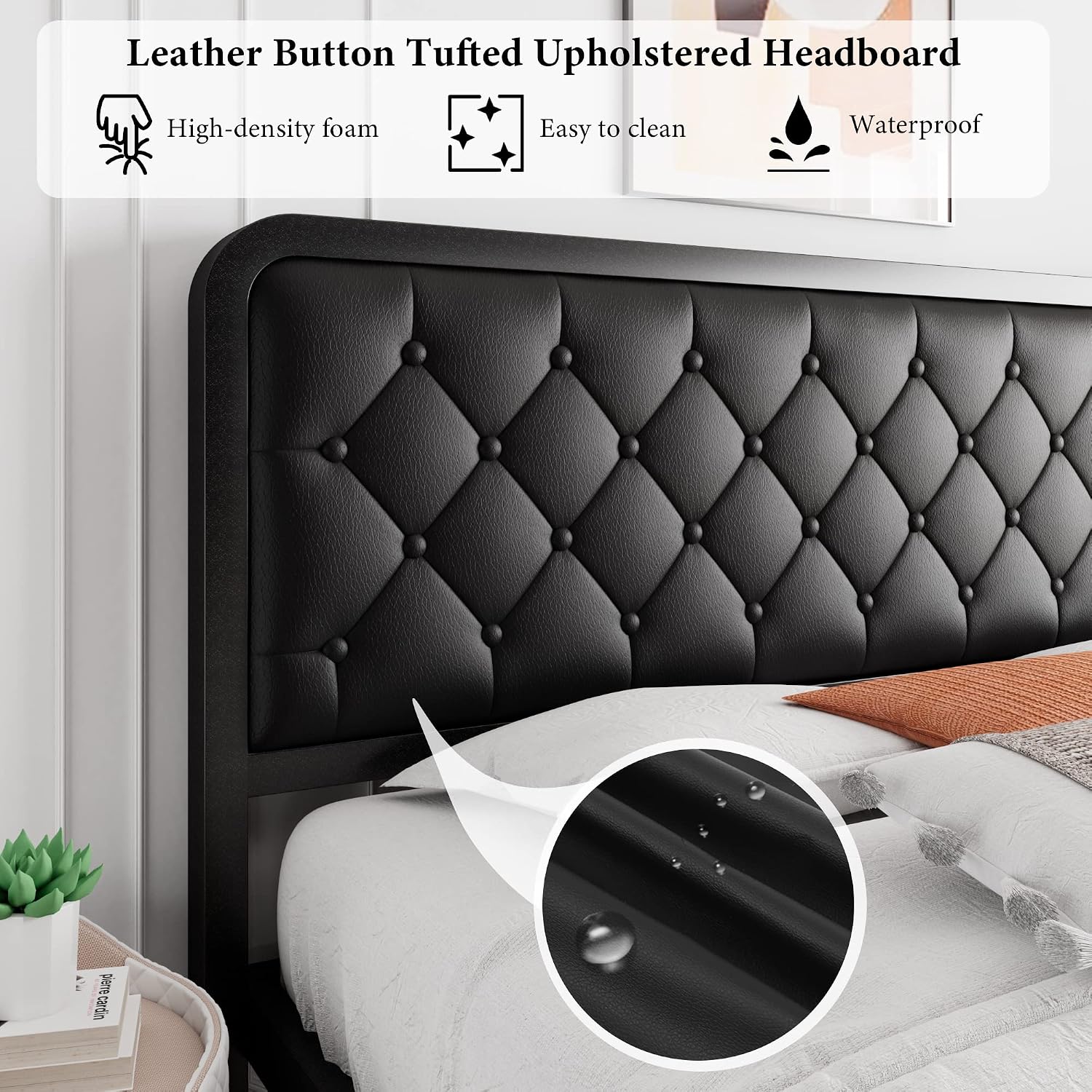 iPormis Queen Bed Frame with Headboard Faux Leather Upholstered Bed Frame Platform, All Metal Slats Support Platform Bed Frame with 12' Under Bed Space, Noise Free, No Box Spring Needed, Black