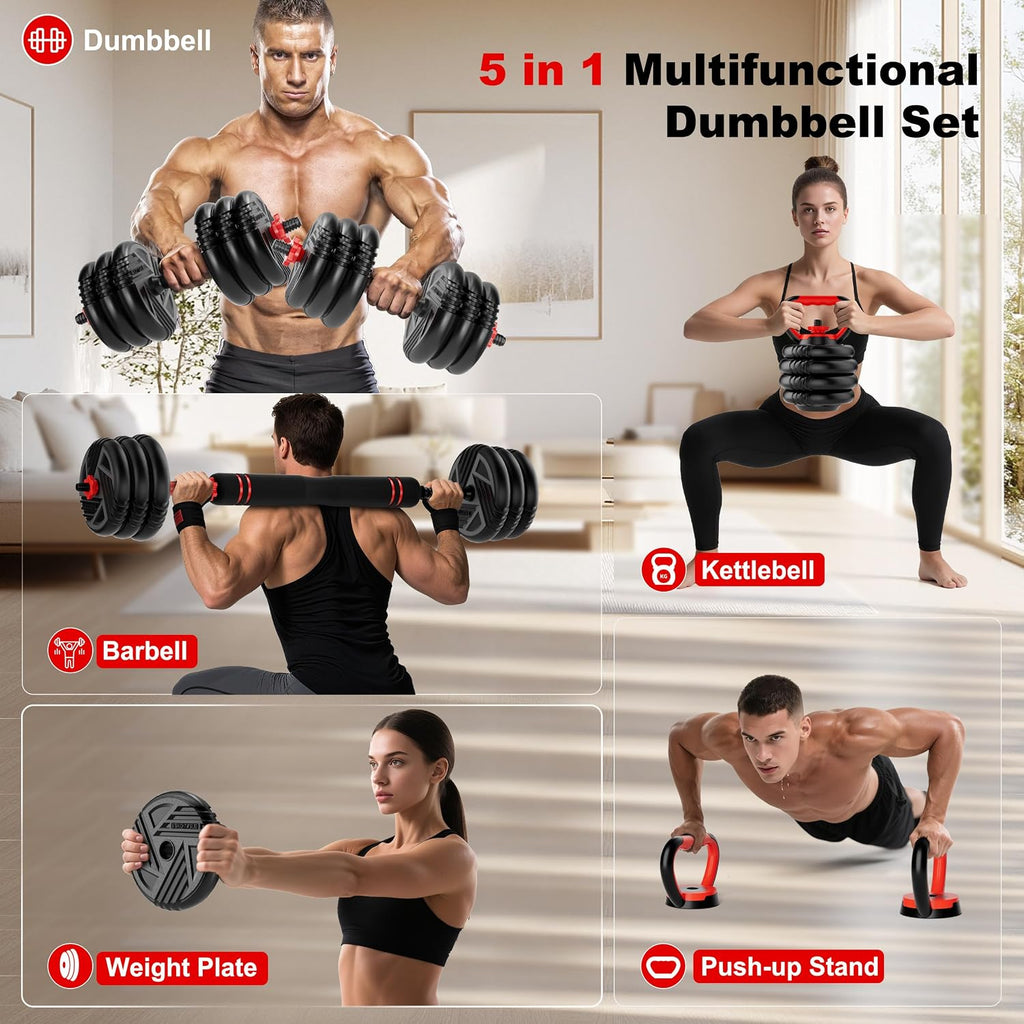 Adjustable Dumbbell Set, 10/20/30/45/70/90lbs, 5 in 1 Multi-Function Dumbbells Set Converts to Barbell & Kettlebell, Weight Set for Home Gym Workout, Suitable for Men/Women Strength Training