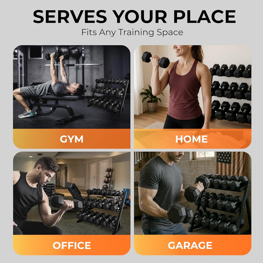Rubber Hex Dumbbell Set with Rack, 8/10/12/15/20 Pair (450/550/780/1200/1550/2100 lbs total) Weight Rack with Dumbbells for Home Gym & Strength Training