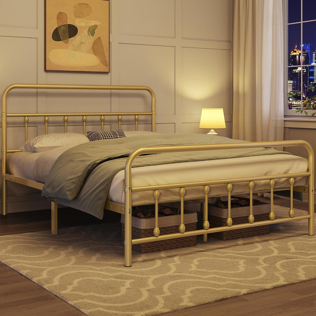 Topeakmart Full Size Victorian Style Metal Bed Frame with Headboard/Mattress Foundation/No Box Spring Needed/Under Bed Storage/Strong Slat Support Antique Gold