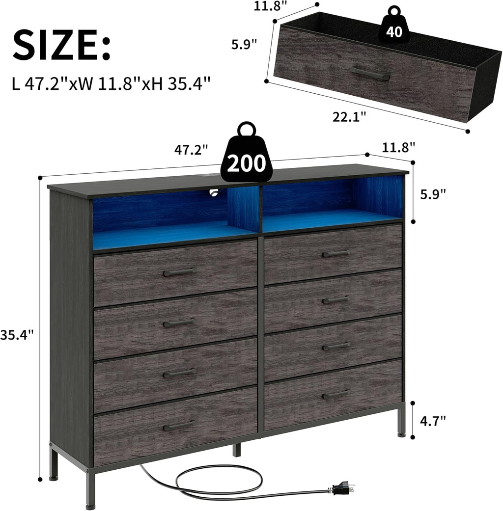 Dresser for Bedroom Grey Bedroom Dresser with LED Lights and Charging Station, 8 Long Fabric Drawers Dressers, Vertical Chest of Drawers Storage Organizer TV Stand for up to 60' TV for Living Room