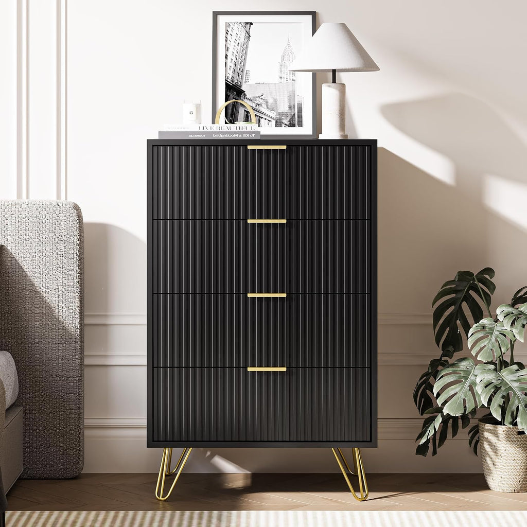 MAISONARIA Black Dresser for Bedroom, 4 Drawer Dresser with Gold Metal Handles & Chests of Drawers, Chests of Drawers for Hallway, Bedroom