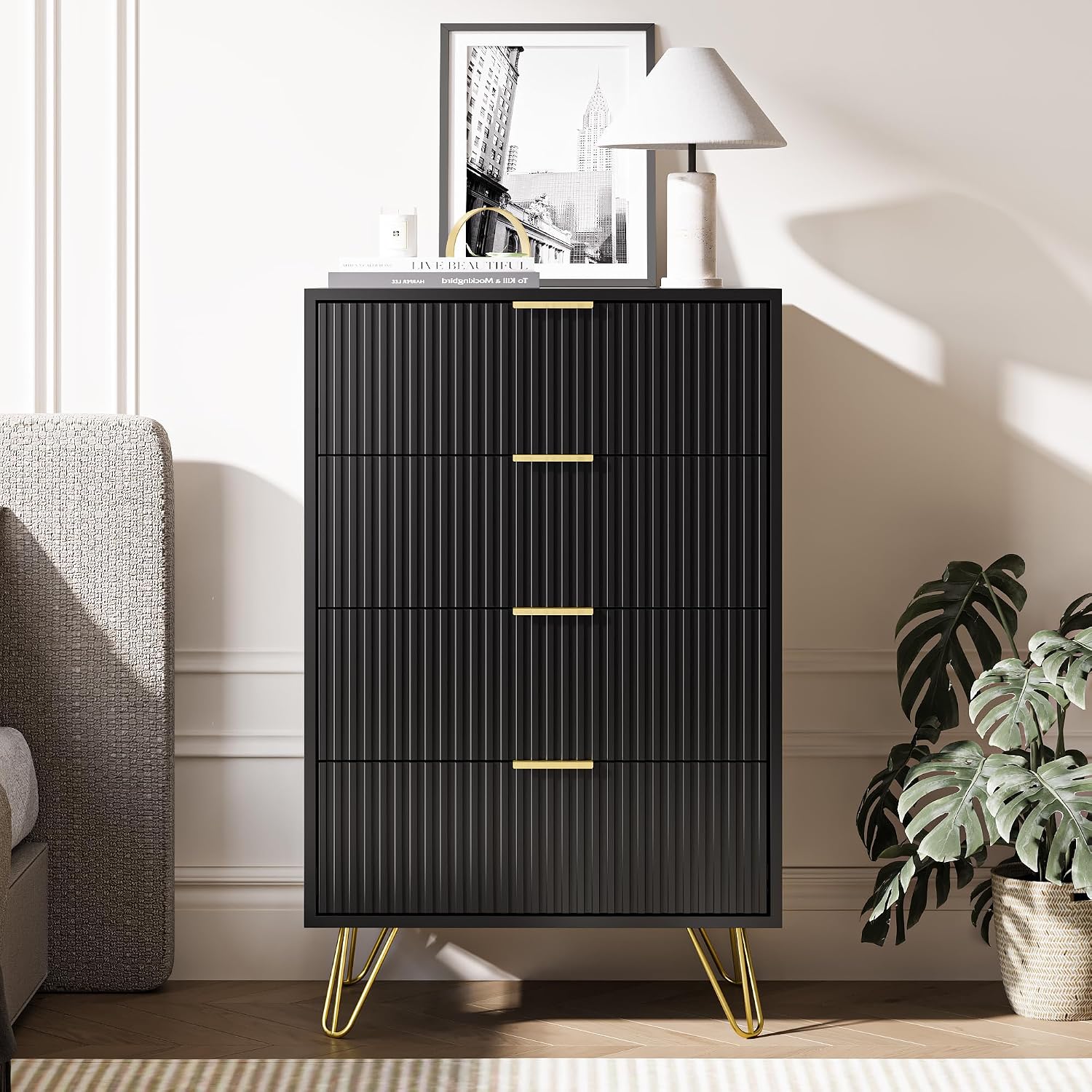 MAISONARIA Black Dresser for Bedroom, 4 Drawer Dresser with Gold Metal Handles & Chests of Drawers, Chests of Drawers for Hallway, Bedroom