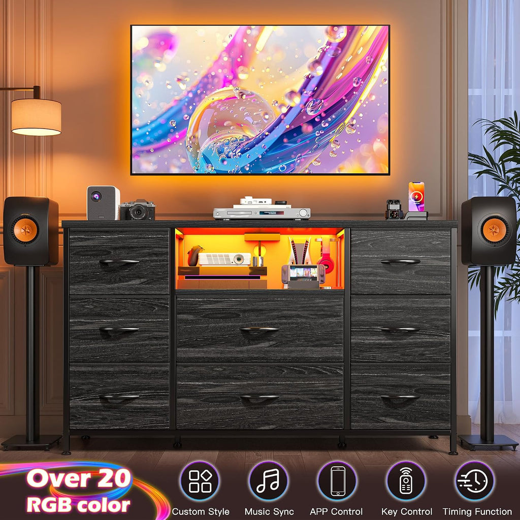 Black Dresser for Bedroom with LED Lights & Charging Station, Dresser TV Stand for Bedroom with 8 Drawer for 55 inch TV, Fabric Dressers & Chests of Drawers with Open Shelves for Hallway Entryway