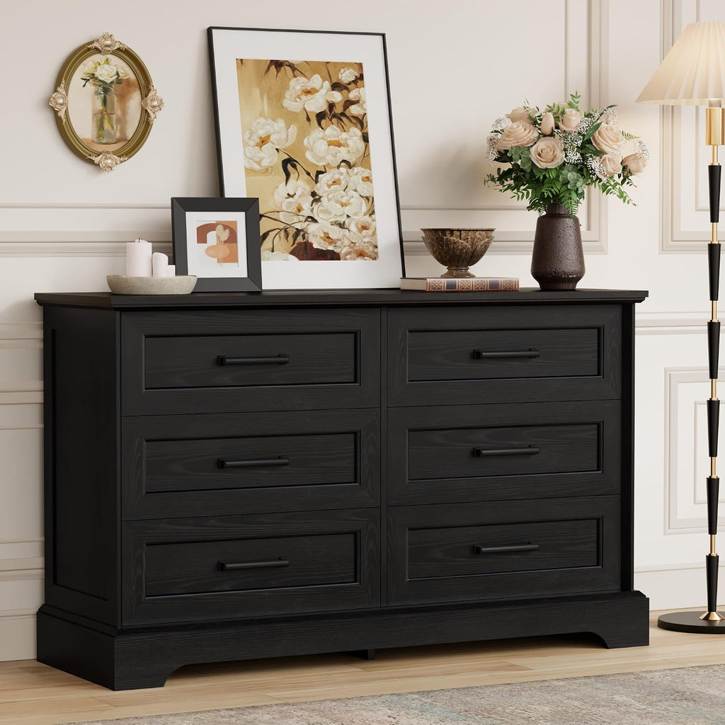Furmax Farmhouse Dresser for Bedroom, 6 Drawers Dresser, Wood Chest of Drawers, 47.2' Wide Storage Dressers Organizer for Bedroom, Living Room, Dark Black