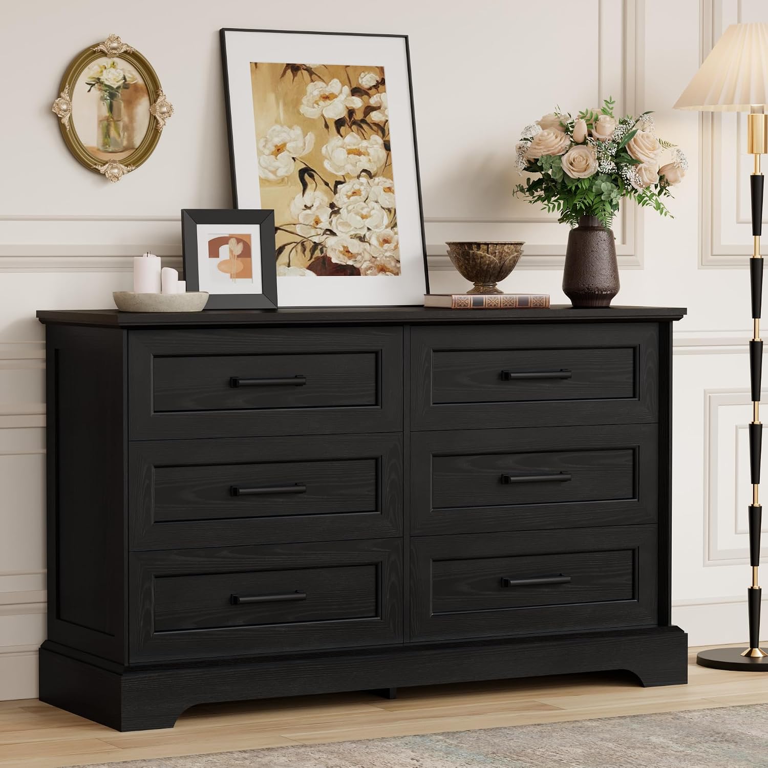 Furmax Farmhouse Dresser for Bedroom, 6 Drawers Dresser, Wood Chest of Drawers, 47.2' Wide Storage Dressers Organizer for Bedroom, Living Room, Dark Black