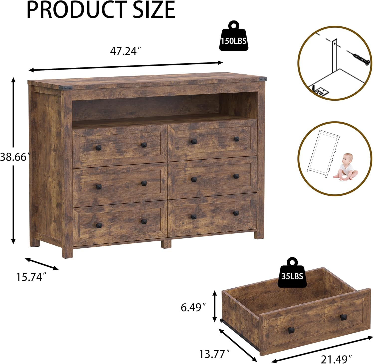 Dresser for Bedroom with 6 Drawers, Wide Chest of Drawers with LED Light and Power Outlet, Wooden Closet Organizer Clothes Storage Cabinet, Modern Double Dressers for Living Room, Hallway, Brown